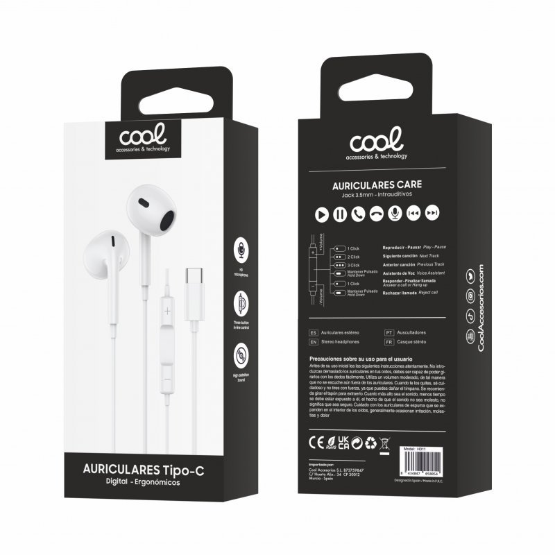 Auriculares Botón COOL Stereo Tipo-C Con Micro (Digital) Blanco - Imagen 2