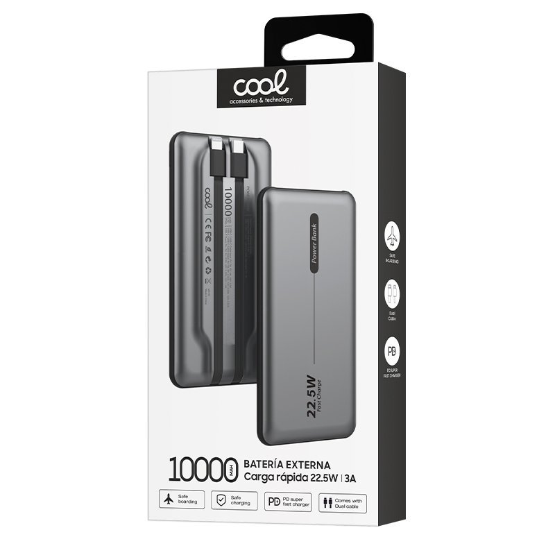 Batería Externa Universal Power Bank 10.000 mAh PD 22.5W (2 cables) Gris - Imagen 3